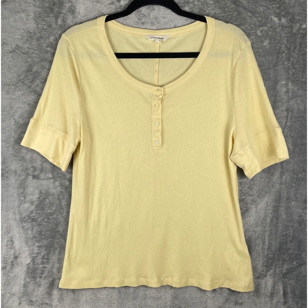 Lucky Brand Henley‎ Top Womens XXL Butter Yellow Ribbed Short Sleeve Boho Casual